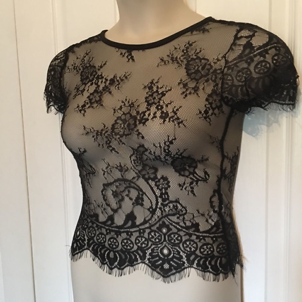 Black Lace Back Zip Top‎